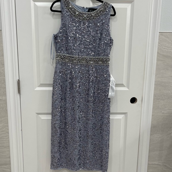 NWOT Mac Duggal Steel Sequined Jewel Neck Sheath Breaded Dress sz 8 - Picture 2 of 8